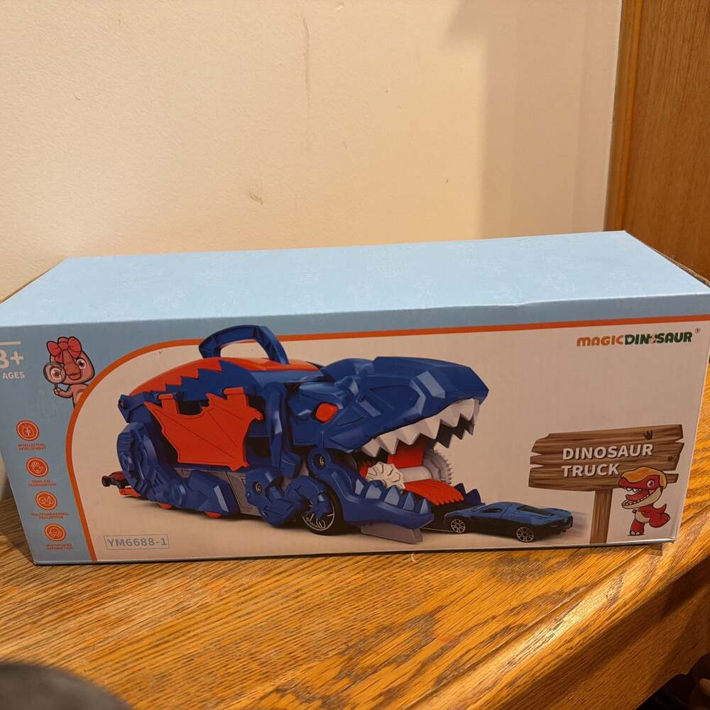 Dinosaur‎ Transport Truck with Foldable Sliding Race Track and Mini Cars NIB